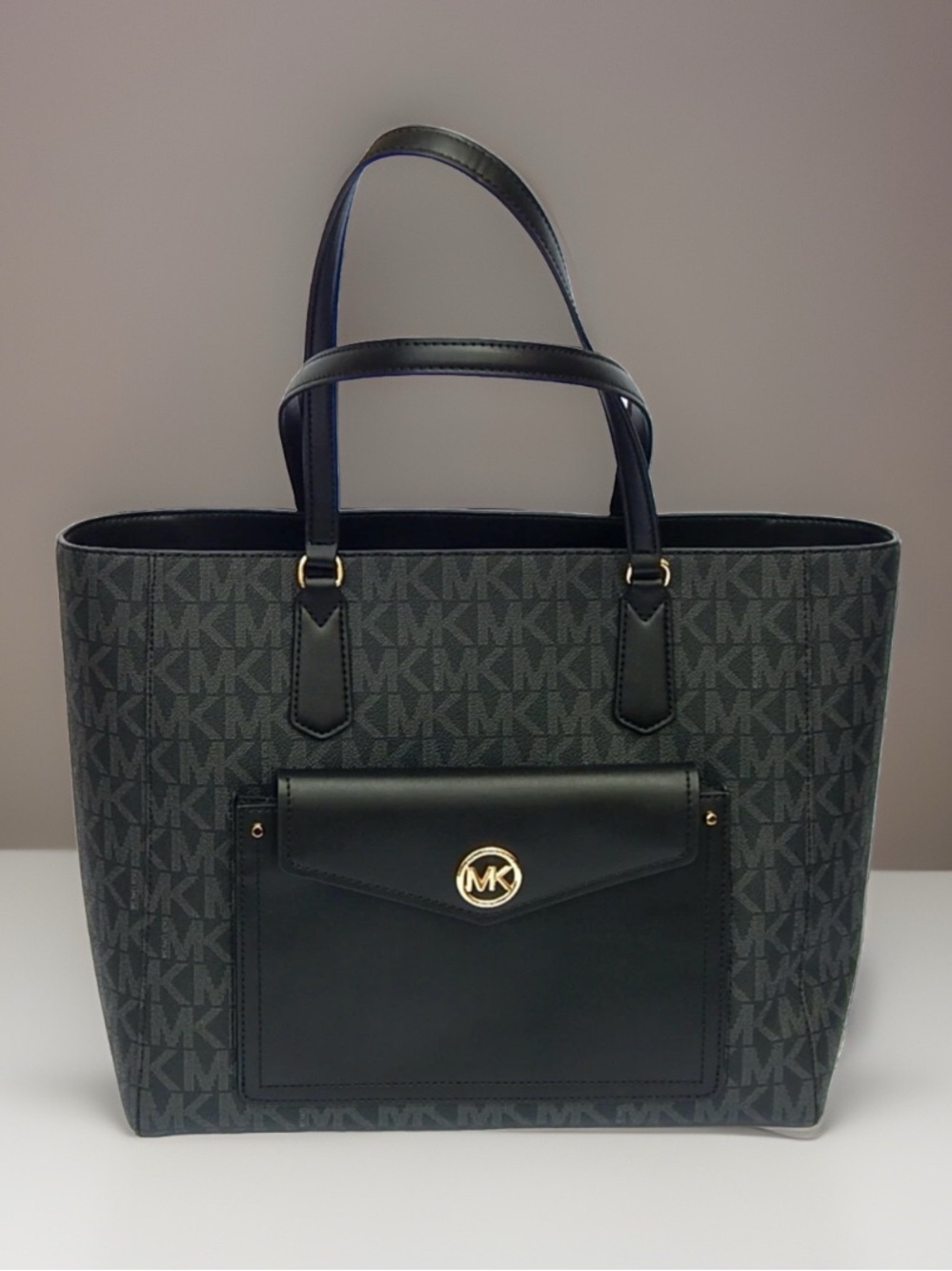 Michael Kors Black MK Logo Tote with Front Pocket